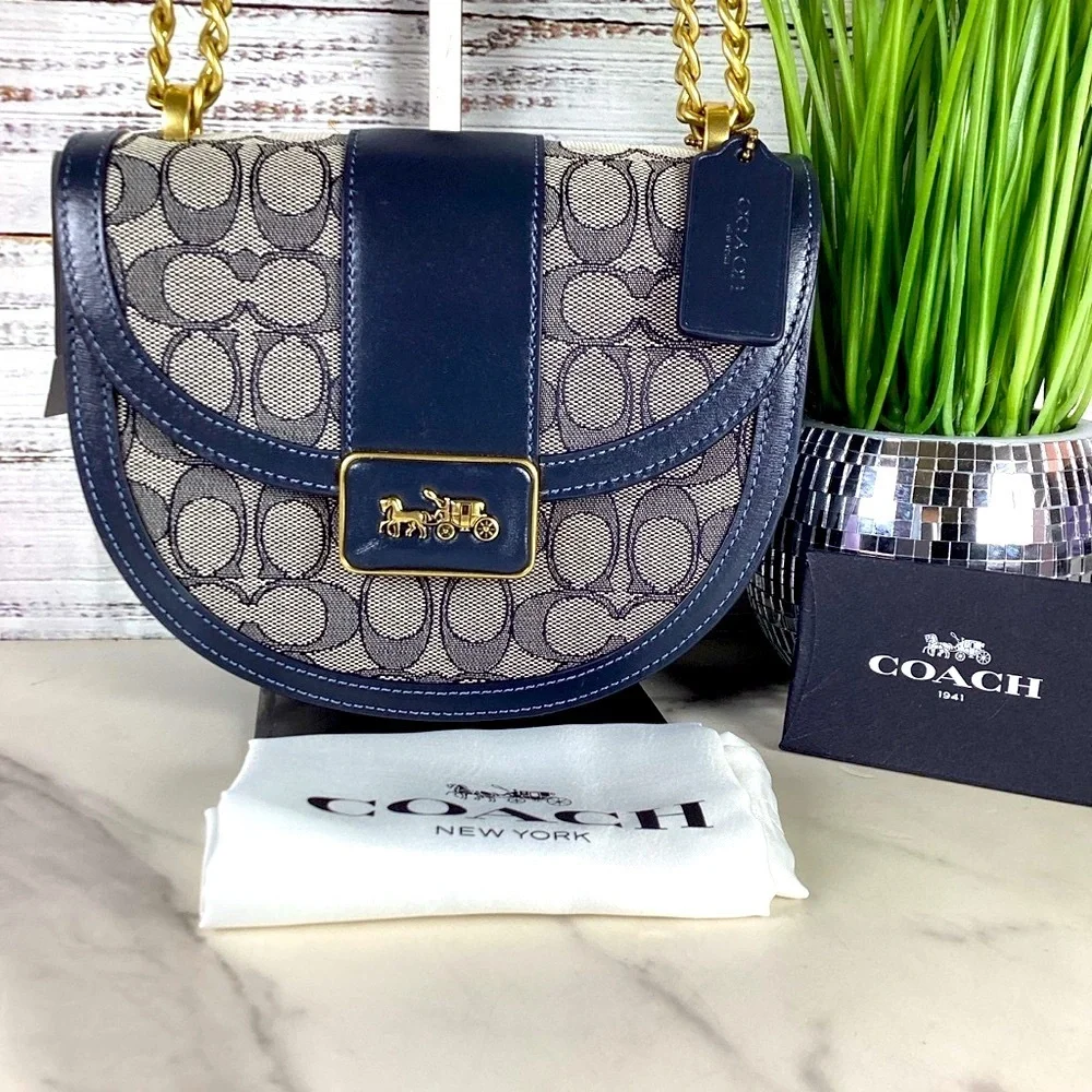 Coach Alie Saddle Crossbody Bag Navy Blue and Gold‎ Signature Jacquard Purse - Picture 2 of 14